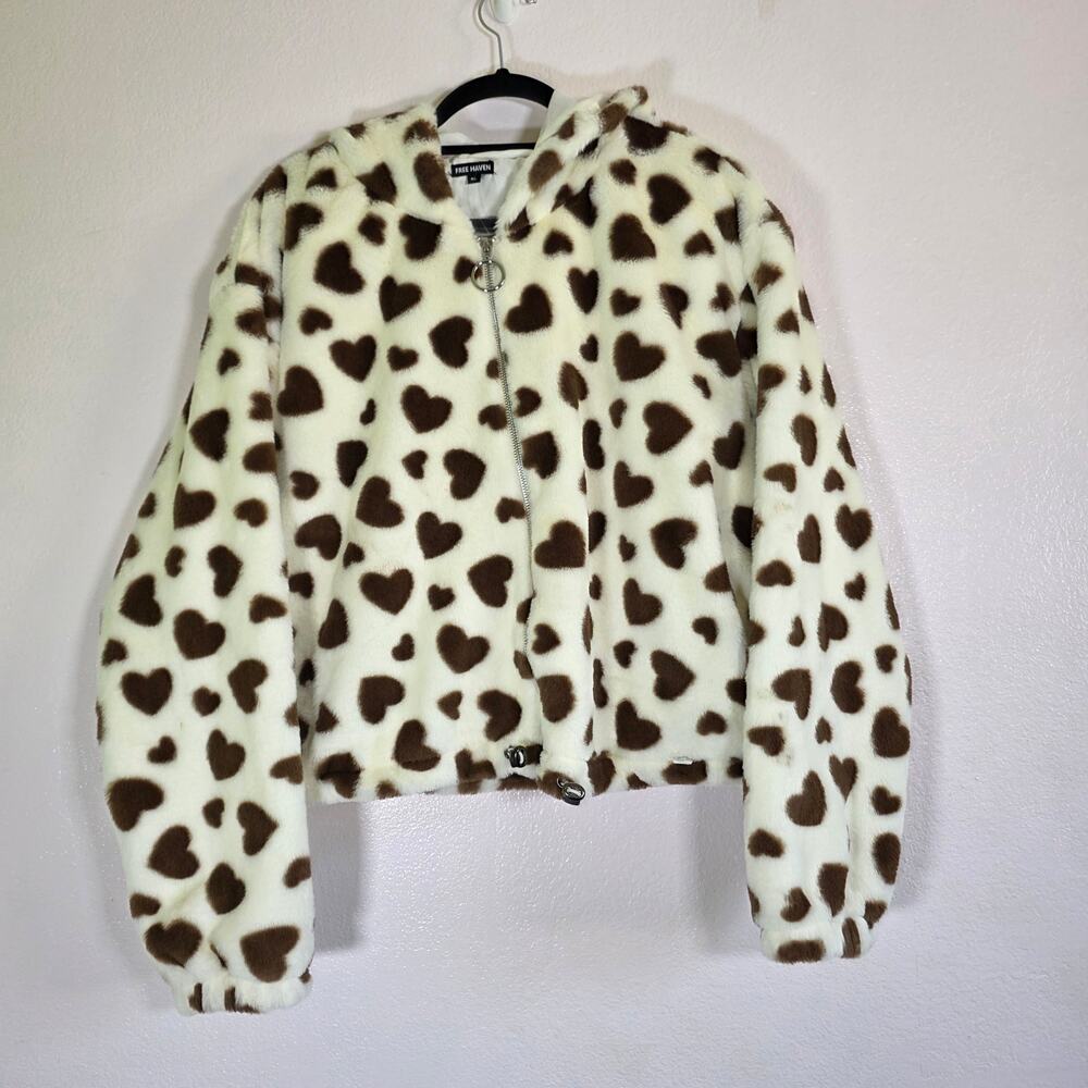 Free Haven Heart Print Faux Fur Jacket XL Cropped Zip Plush Cozy